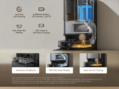 Dreame L40 Ultra Gen 2 docked with cutaway tanks and icons for mop self-cleaning, 100-day auto-empty and hot air drying