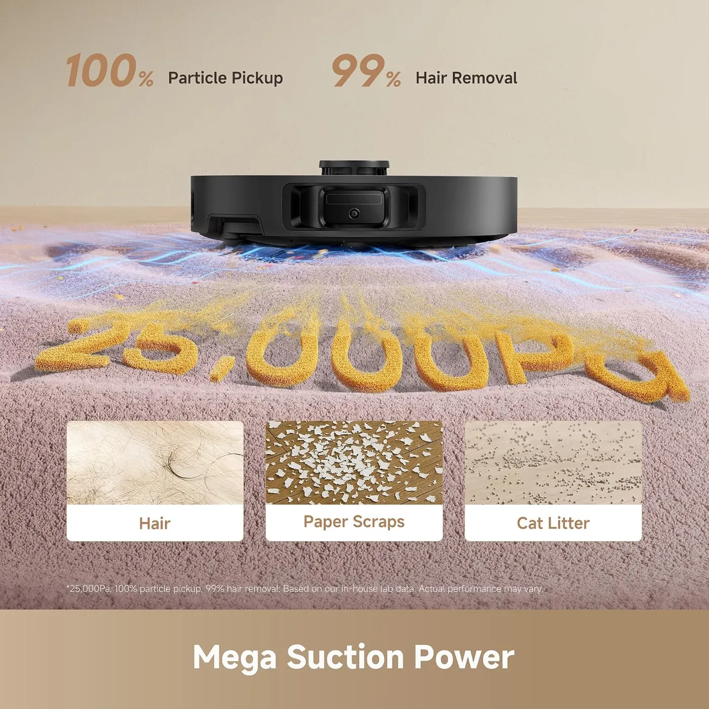 Dreame L40 Ultra Gen 2 front view on plush carpet, infographic of the 25,000Pa suction claim with hair, paper and litter