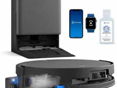 ECOVACS DEEBOT T90 Pro Omni robot vacuum in front of its dark gray dock, with app screen, watch and cleaning solution bottle
