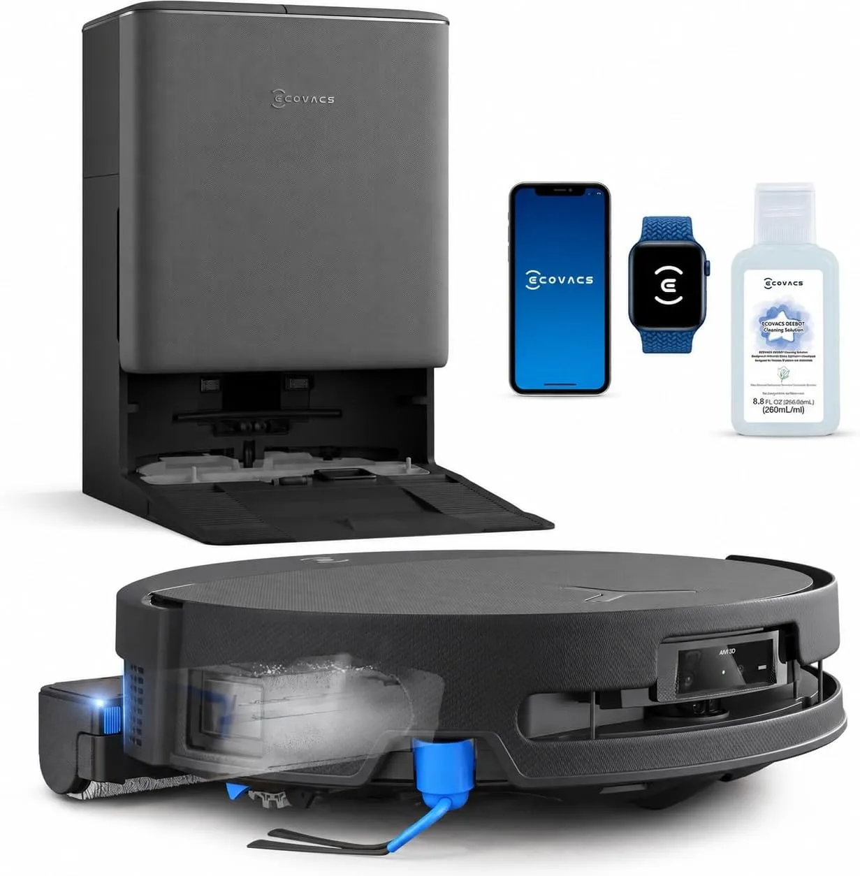 ECOVACS DEEBOT T90 Pro Omni robot vacuum in front of its dark gray dock, with app screen, watch and cleaning solution bottle