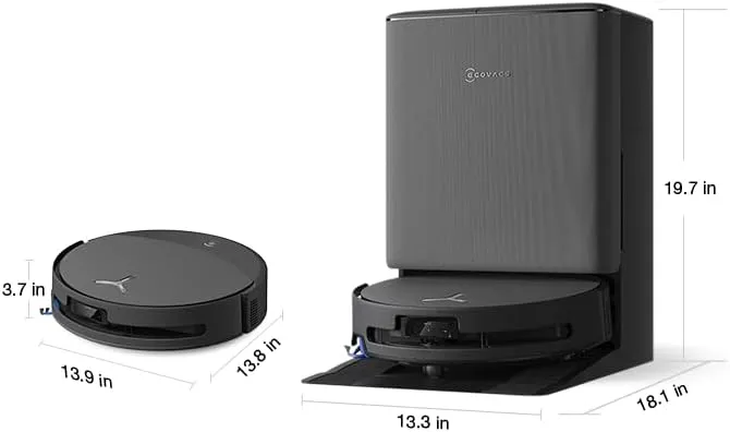 ECOVACS DEEBOT T90 Pro Omni dimensions diagram: robot 3.7 in tall, dock with robot 19.7 in tall