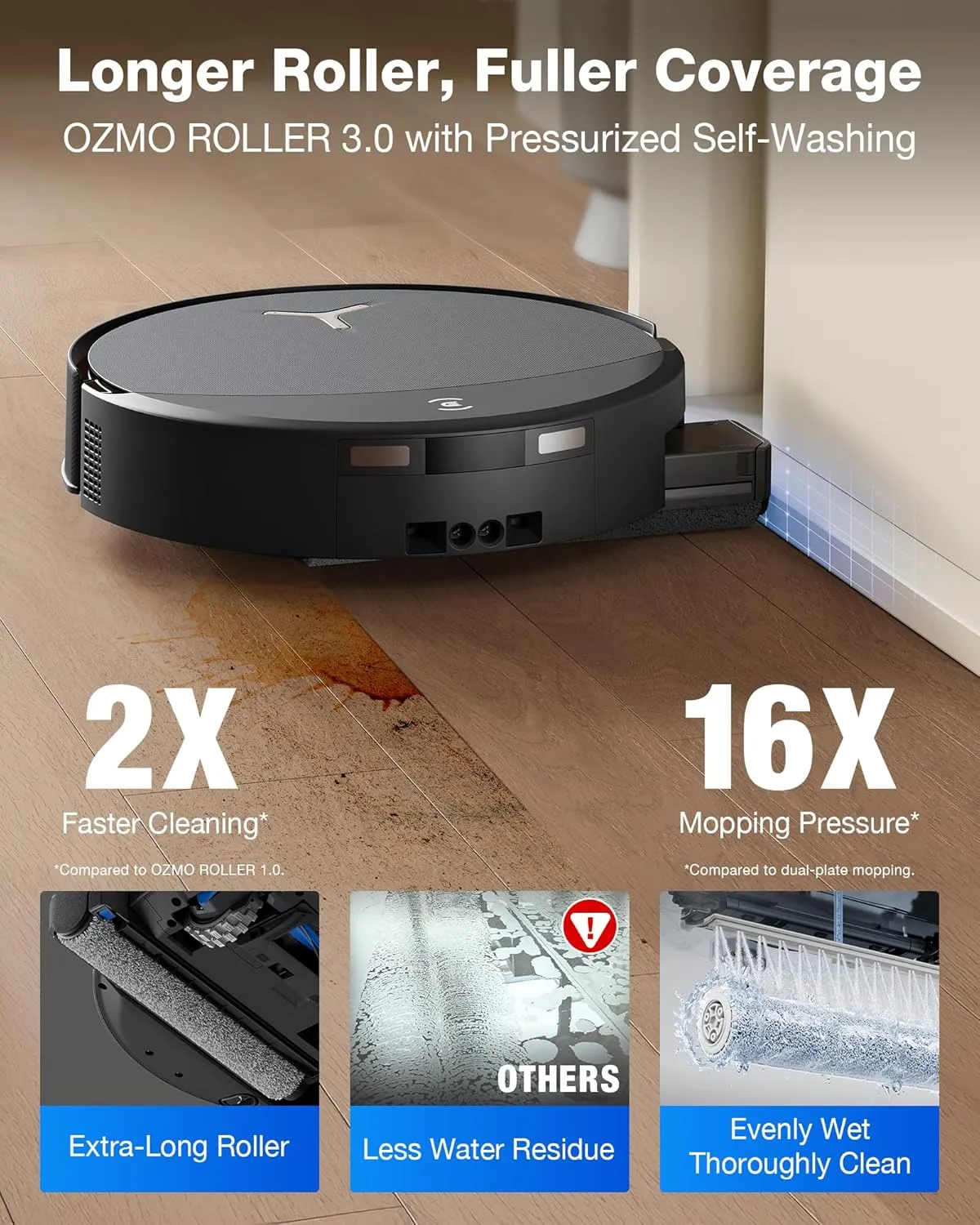 ECOVACS DEEBOT T90 Pro Omni on a hardwood floor with its extended roller edge along a baseboard, plus roller callouts