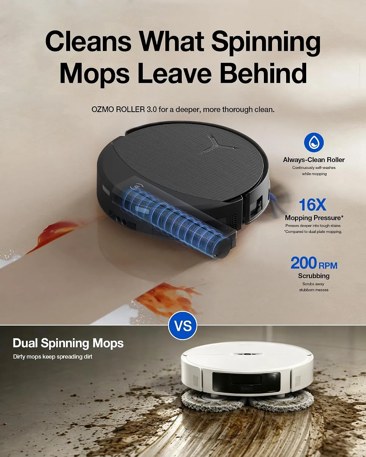 Infographic of the OZMO Roller 3.0 mopping claim: roller scrubbing sauce stains, compared with dual spinning mops