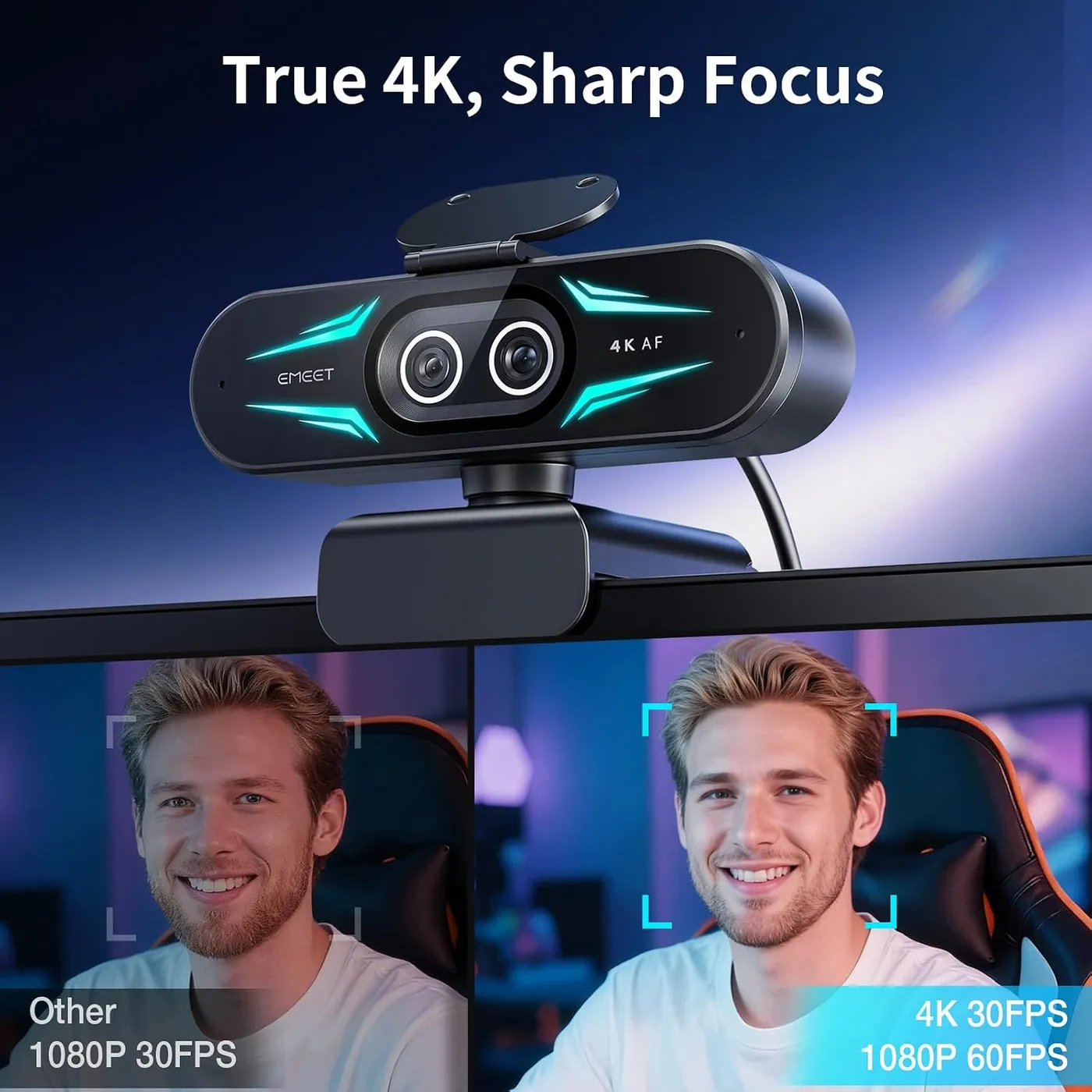 EMEET C60E Dual-Camera 4K Webcam on a monitor, infographic of its 4K 30FPS claim against another 1080P 30FPS webcam