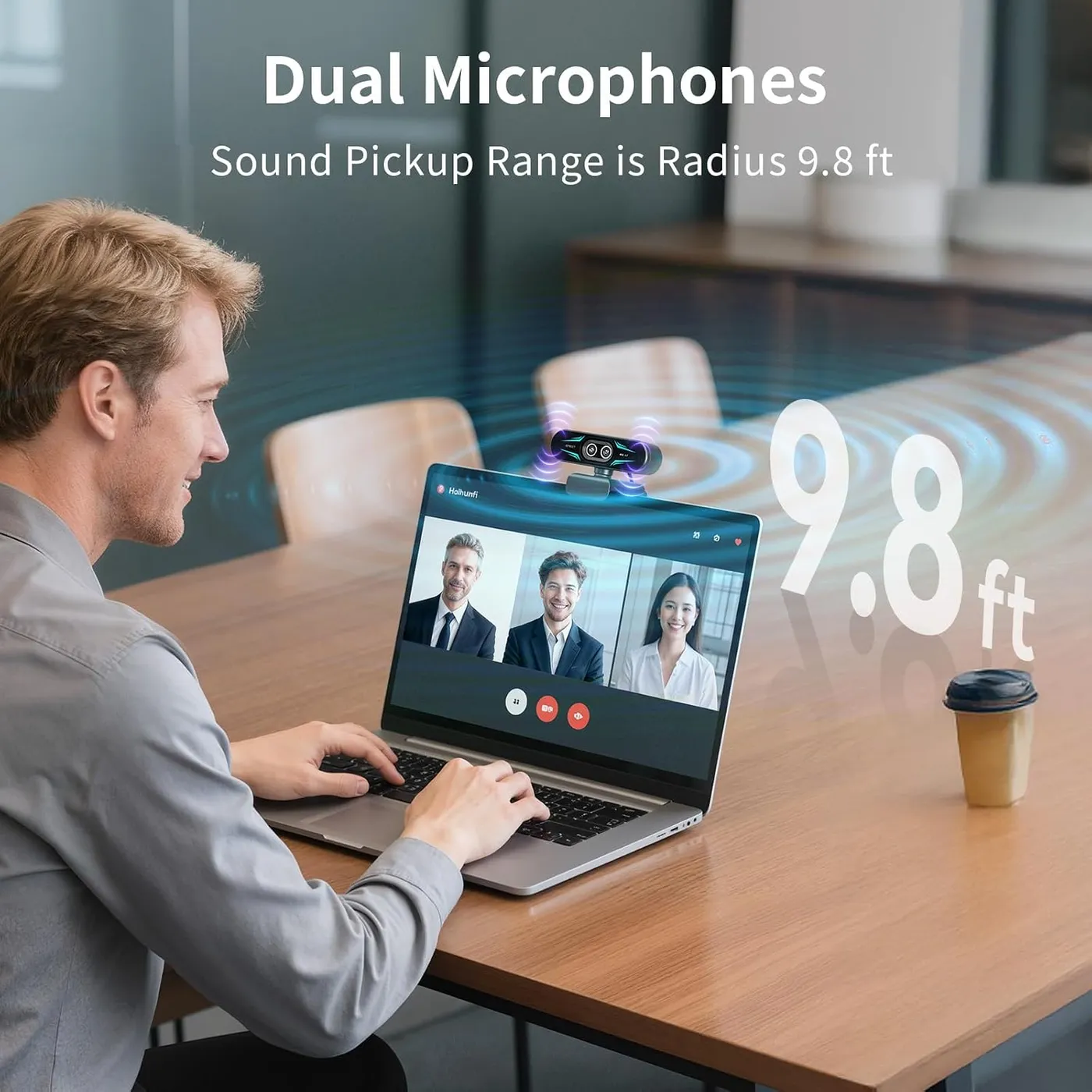 EMEET C60E Dual-Camera 4K Webcam on a laptop at a table, infographic of the dual-mic 9.8 ft pickup radius claim