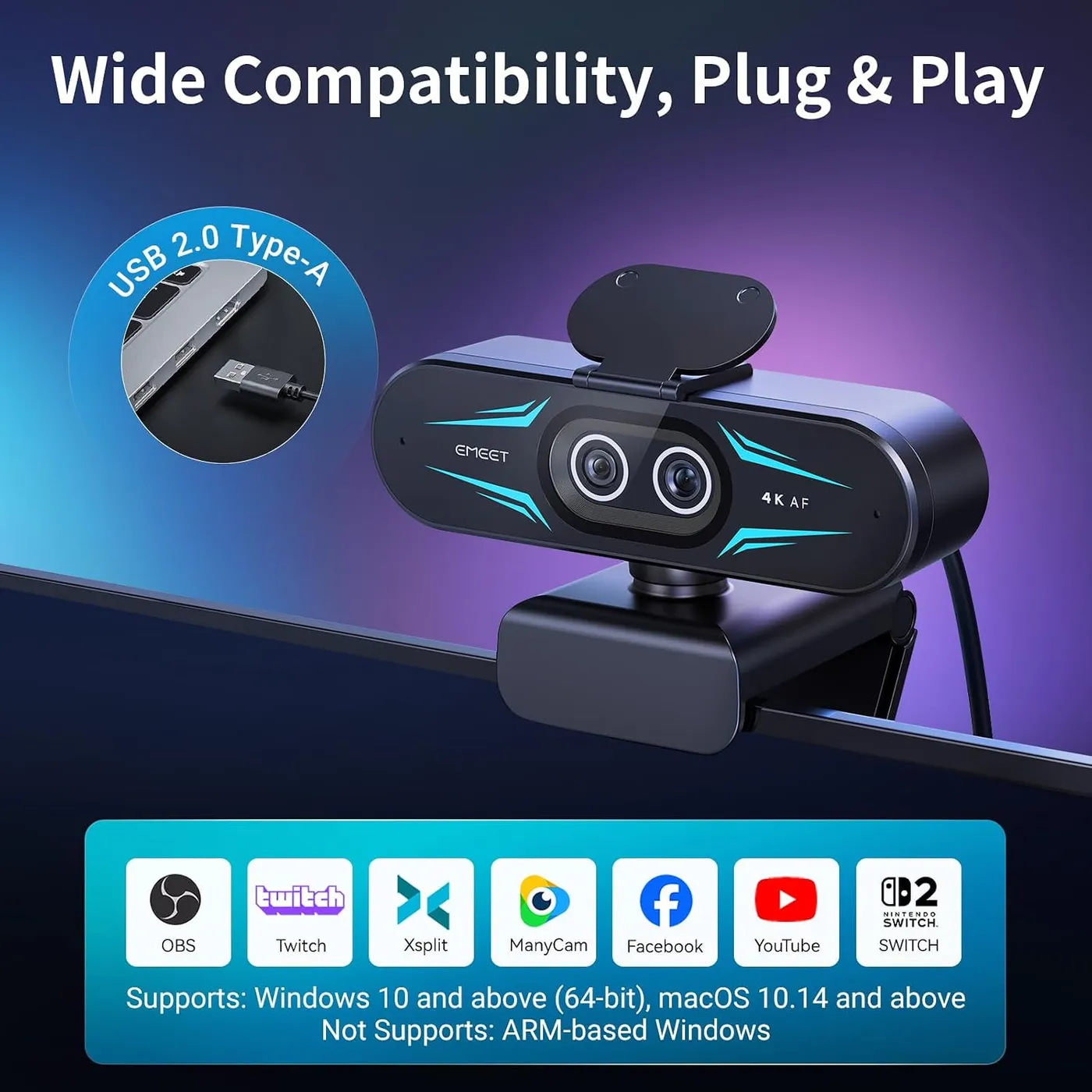 EMEET C60E Dual-Camera 4K Webcam clipped to a monitor, infographic of USB 2.0 Type-A and supported apps and systems