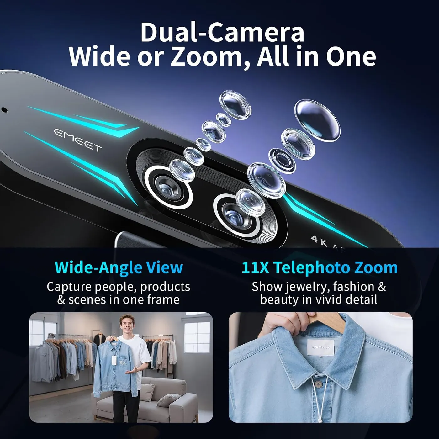 EMEET C60E Dual-Camera 4K Webcam close-up with floating lens elements, wide-angle and 11X telephoto views of a denim jacket