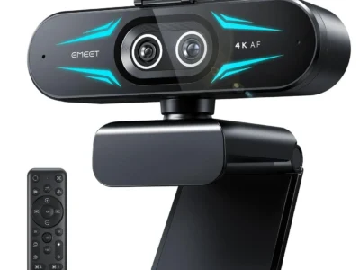 EMEET C60E Dual-Camera 4K Webcam in black with two lenses, cyan accent lights and a 22-key remote beside it