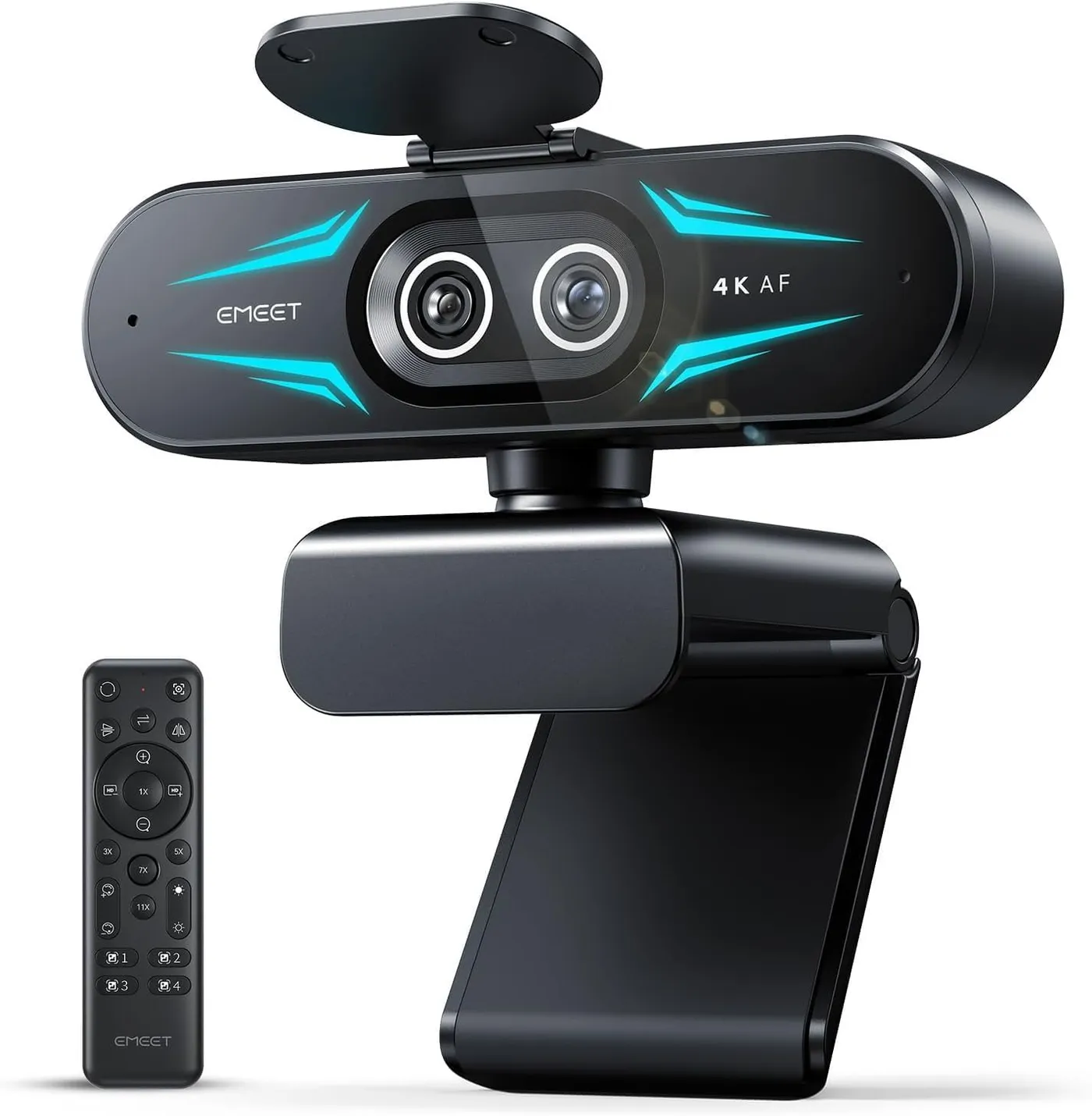 EMEET C60E Dual-Camera 4K Webcam in black with two lenses, cyan accent lights and a 22-key remote beside it