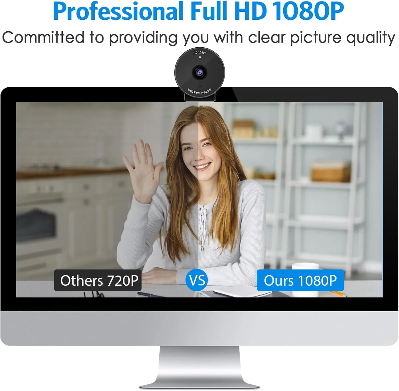 EMEET C950 1080P Webcam on an iMac, infographic of the 1080P claim with a split image against another 720P webcam