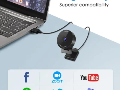 EMEET C950 1080P Webcam on a desk with its USB cable run to a laptop, infographic of compatible apps like Zoom and Teams