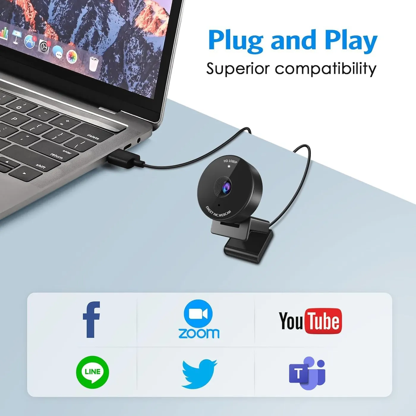 EMEET C950 1080P Webcam on a desk with its USB cable run to a laptop, infographic of compatible apps like Zoom and Teams
