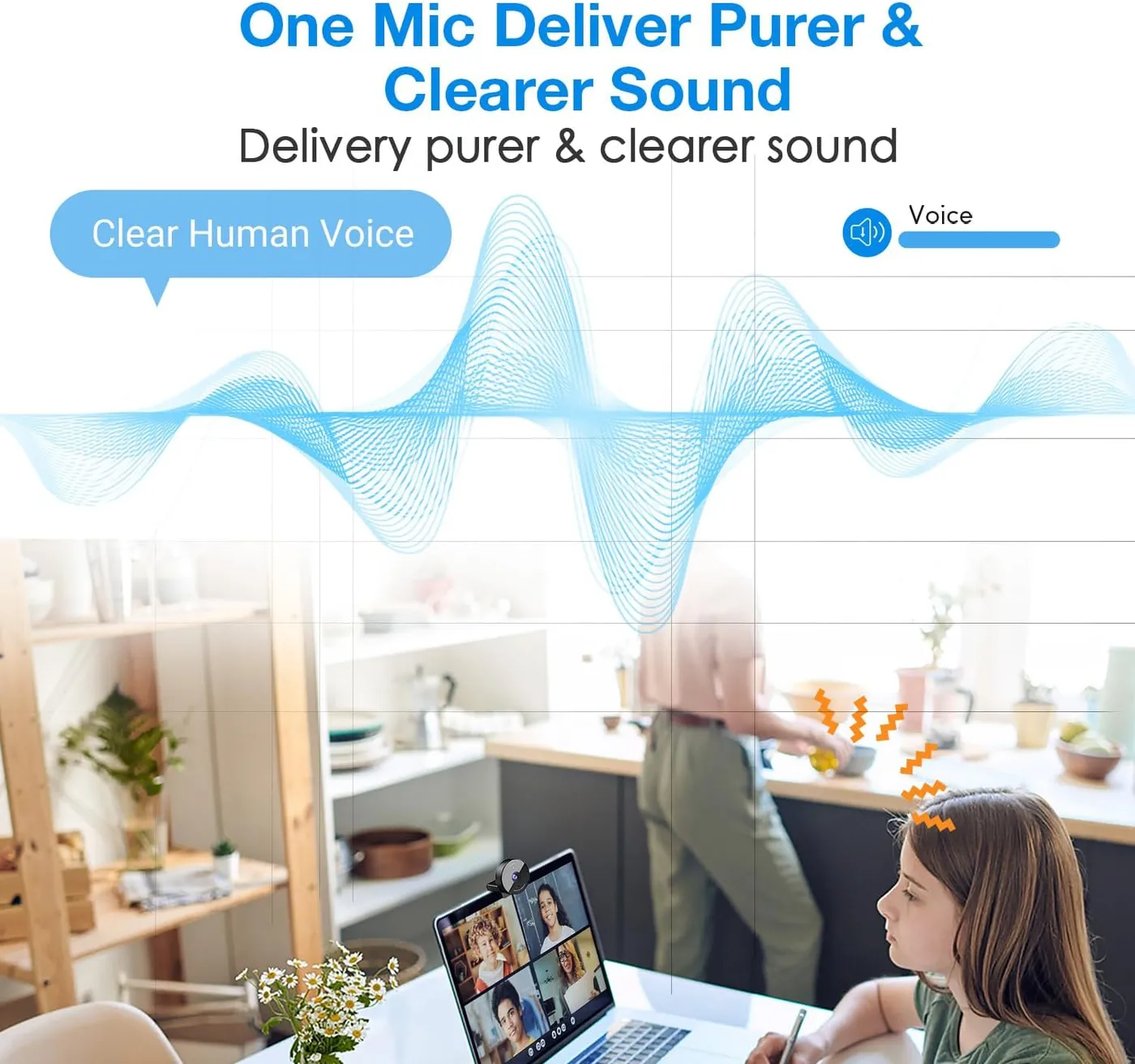 EMEET C950 1080P Webcam on a laptop in a kitchen, infographic of the single-mic clear voice claim with a sound wave