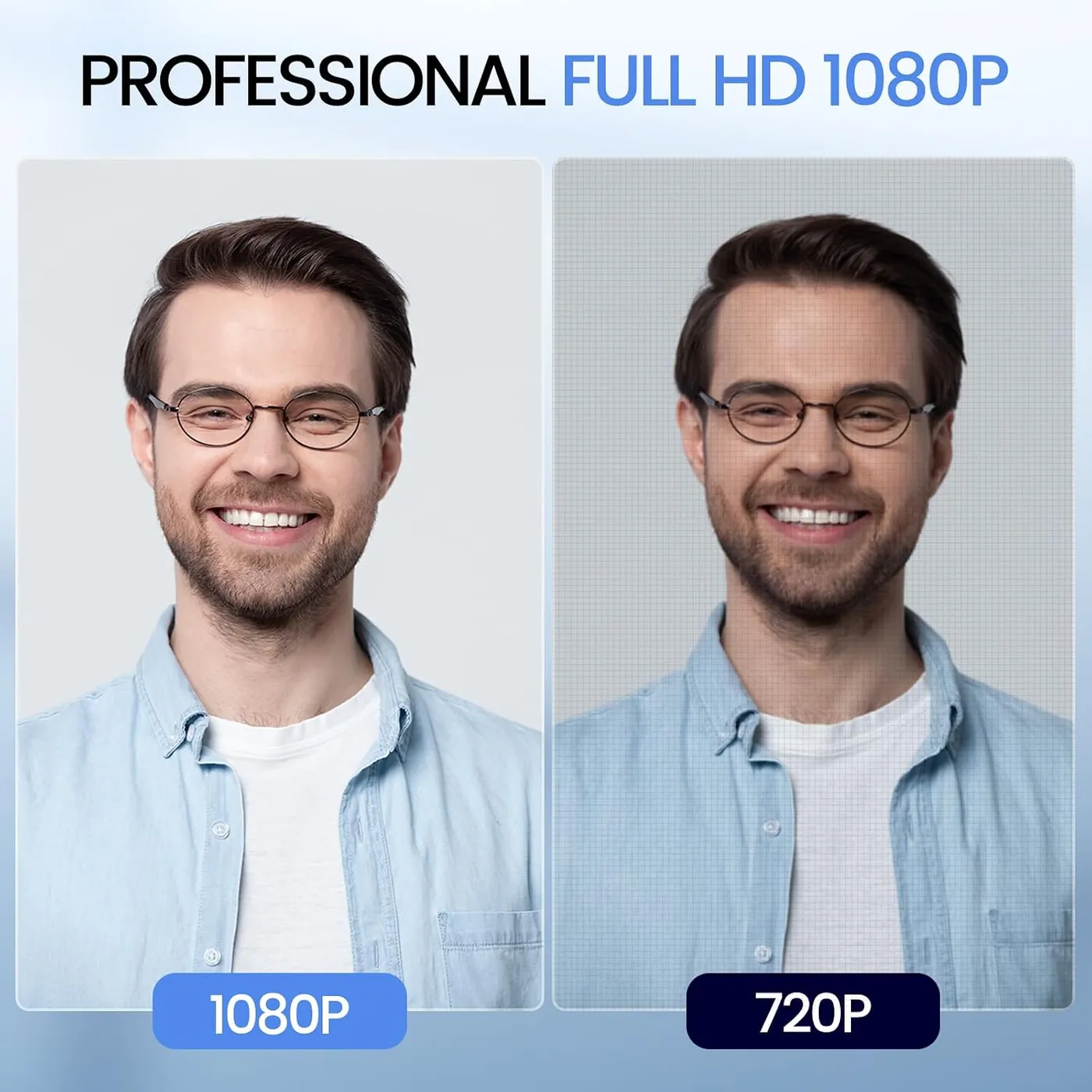 EMEET C960 1080P webcam resolution comparison: a bearded man in glasses shown sharp at 1080P and softer at 720P