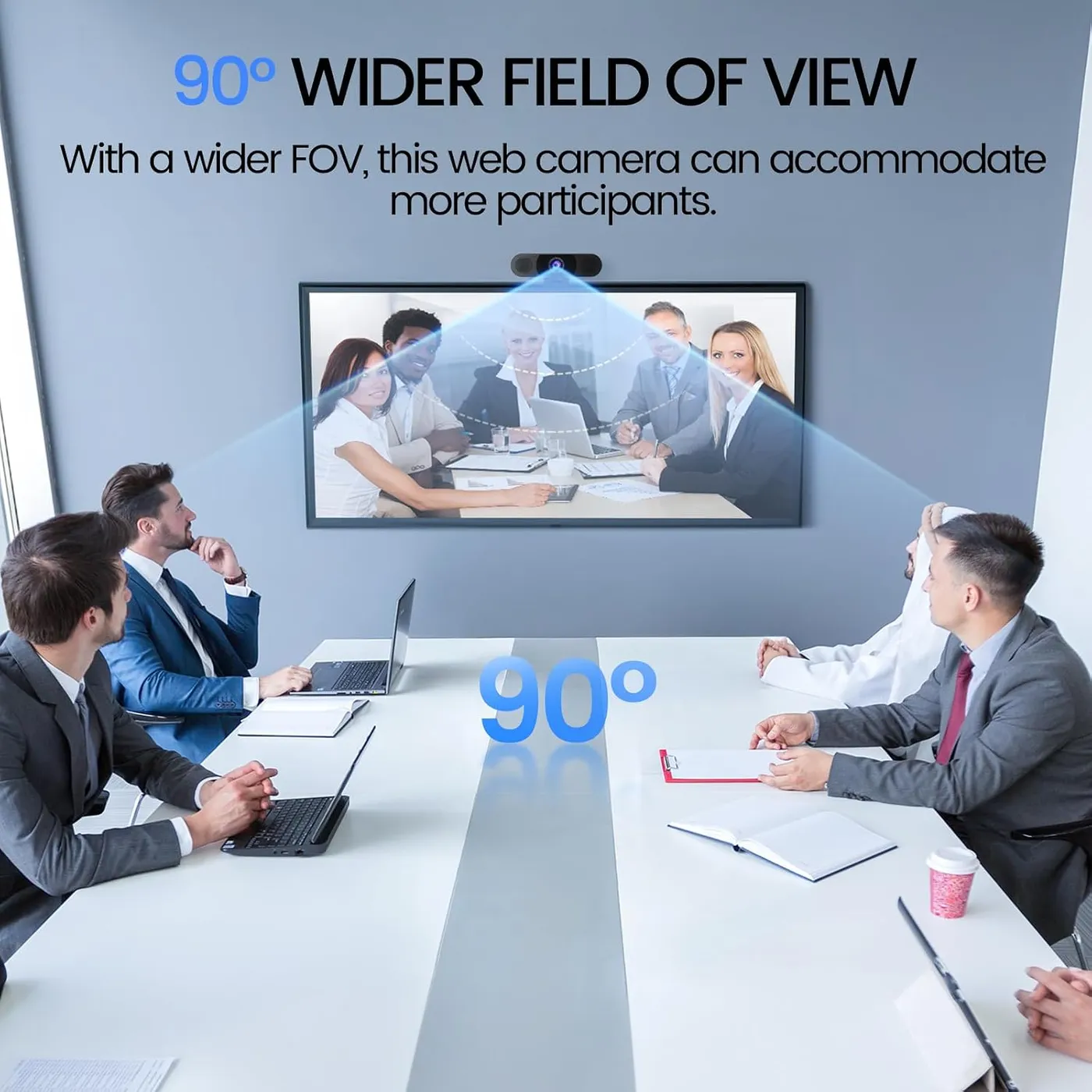 EMEET C960 1080P webcam above a conference-room screen showing a group of five, 90-degree field of view diagram