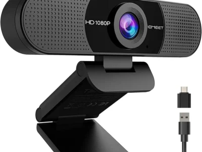 EMEET C960 1080P webcam in black with its privacy cover raised, folding clip stand and a USB-A to USB-C adapter beside it