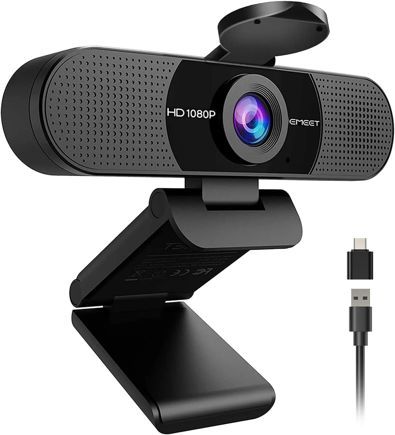 EMEET C960 1080P webcam in black with its privacy cover raised, folding clip stand and a USB-A to USB-C adapter beside it