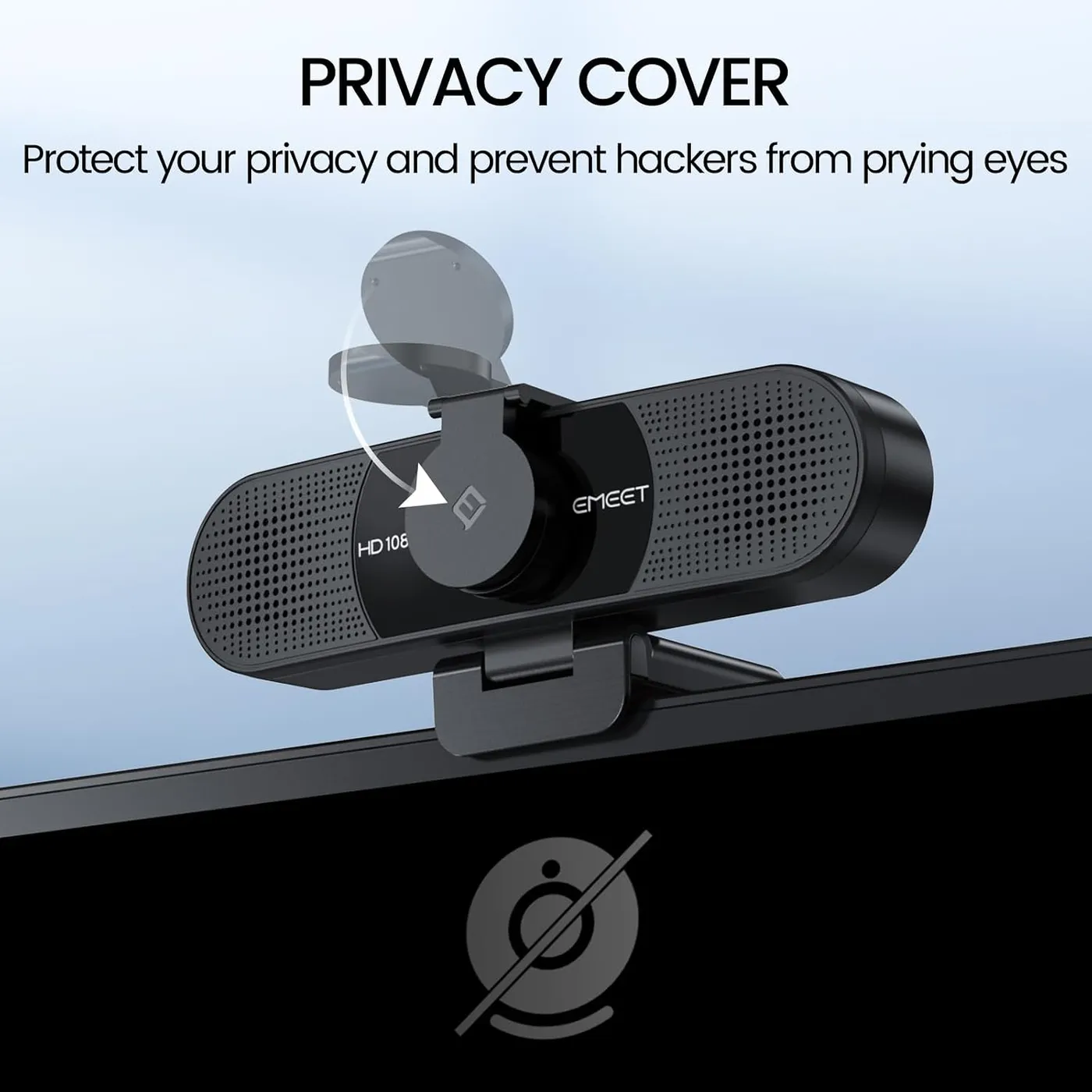 EMEET C960 1080P webcam clipped on a monitor edge with its round privacy cover swinging over the lens, covered-camera icon below