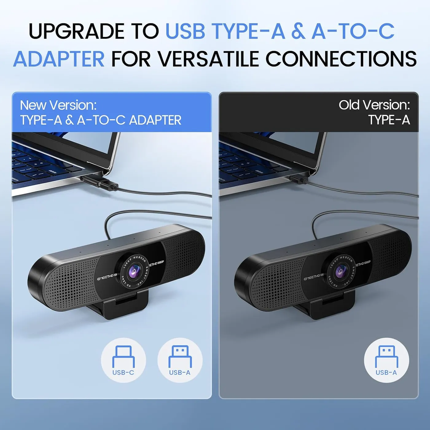 EMEET C960 1080P webcam shown twice: new version with USB-A and A-to-C adapter beside an old USB-A-only version