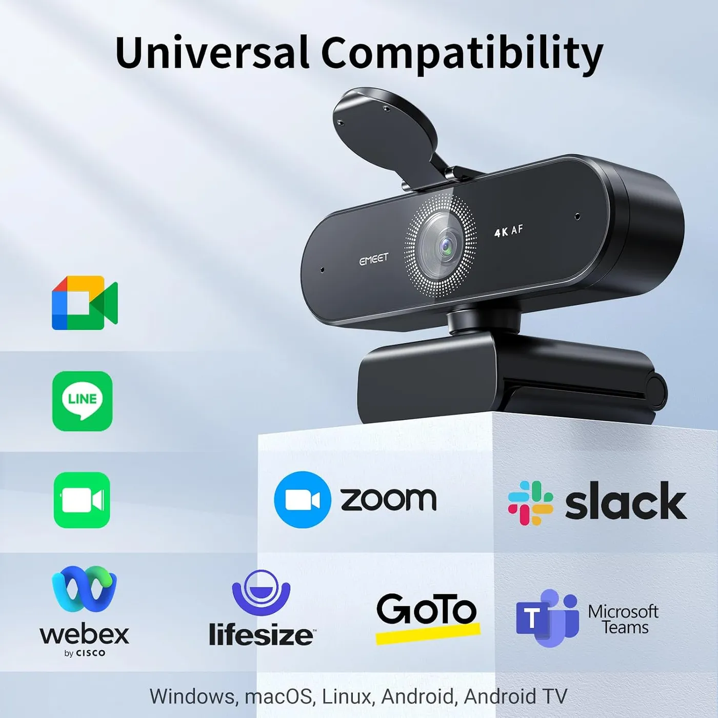EMEET NOVA 4K Webcam on a white block, infographic of compatible apps such as Zoom, Slack and Teams