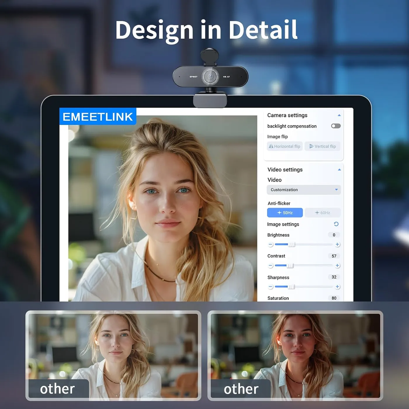 EMEET NOVA 4K Webcam above a screen showing the EMEETLINK software settings panel and two other-webcam comparisons