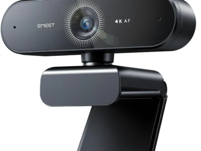 EMEET NOVA 4K Webcam in black with a dotted lens ring, flip-up privacy cover and clip stand