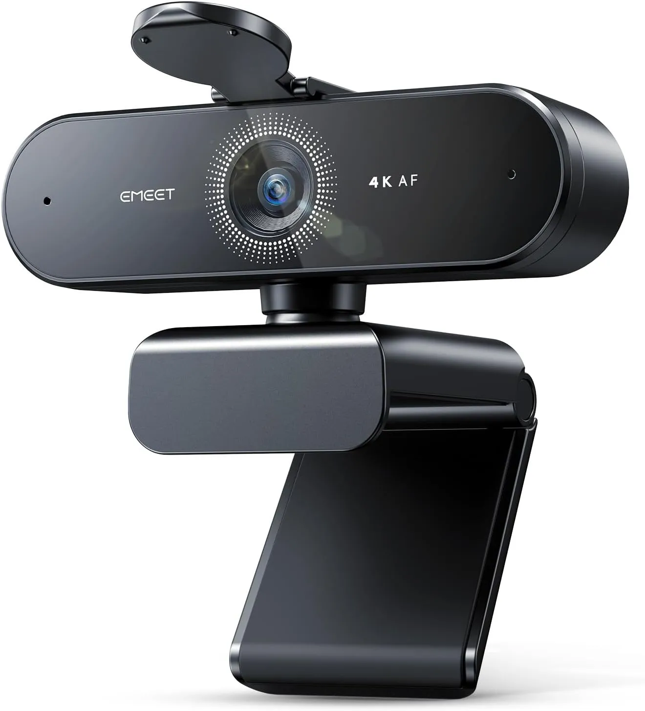 EMEET NOVA 4K Webcam in black with a dotted lens ring, flip-up privacy cover and clip stand