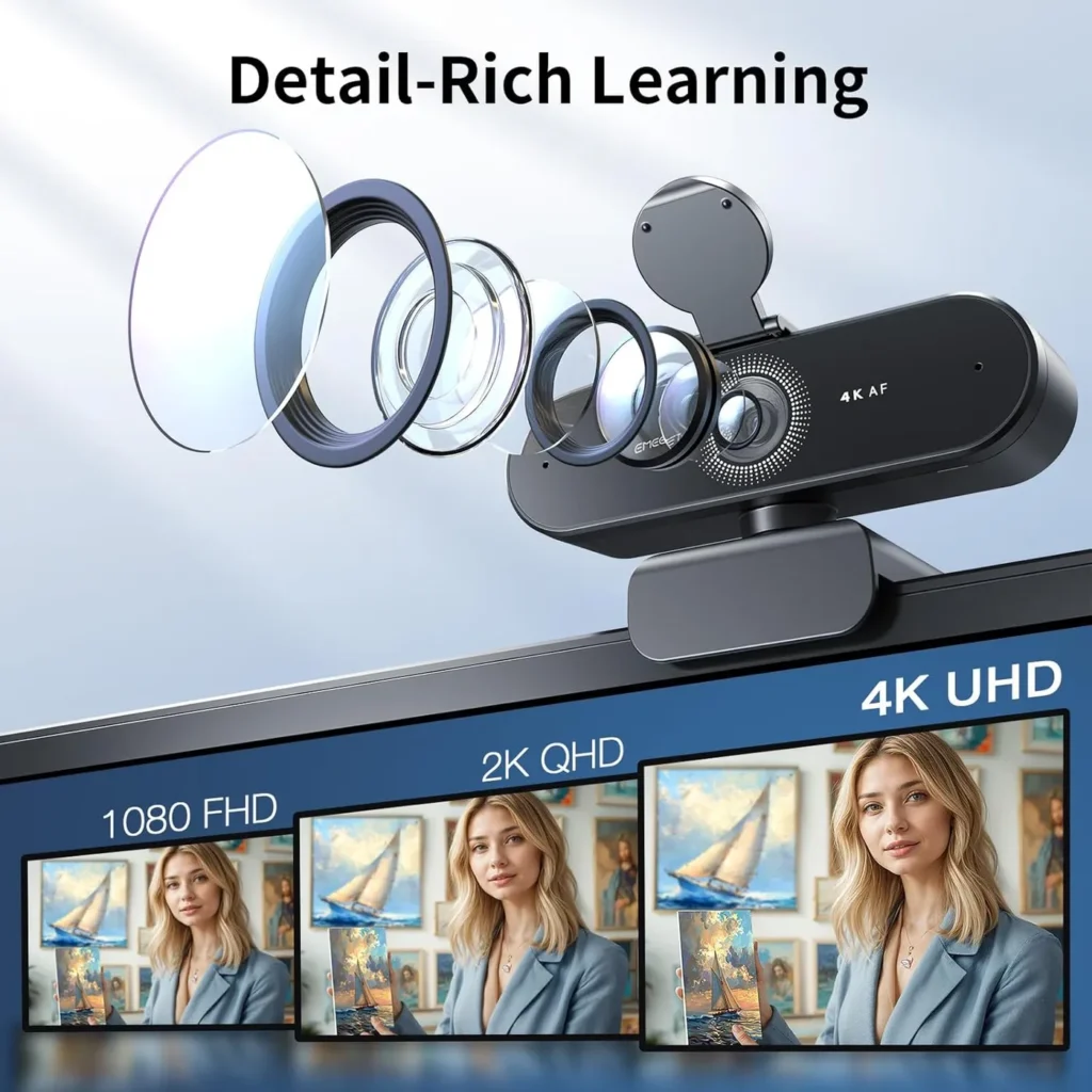 EMEET NOVA 4K Webcam with an exploded lens stack above 1080 FHD, 2K QHD and 4K UHD portrait comparisons
