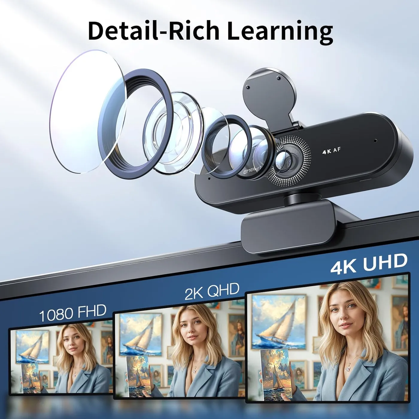 EMEET NOVA 4K Webcam with an exploded lens stack above 1080 FHD, 2K QHD and 4K UHD portrait comparisons