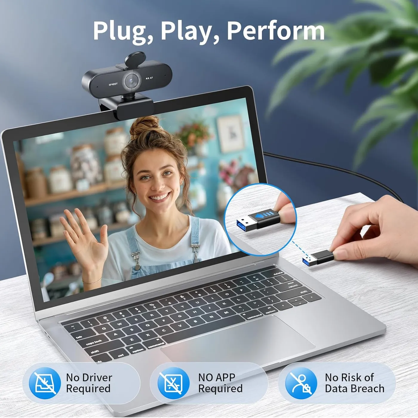 EMEET NOVA 4K Webcam clipped to a laptop on a desk, infographic of plug-and-play USB with no driver needed