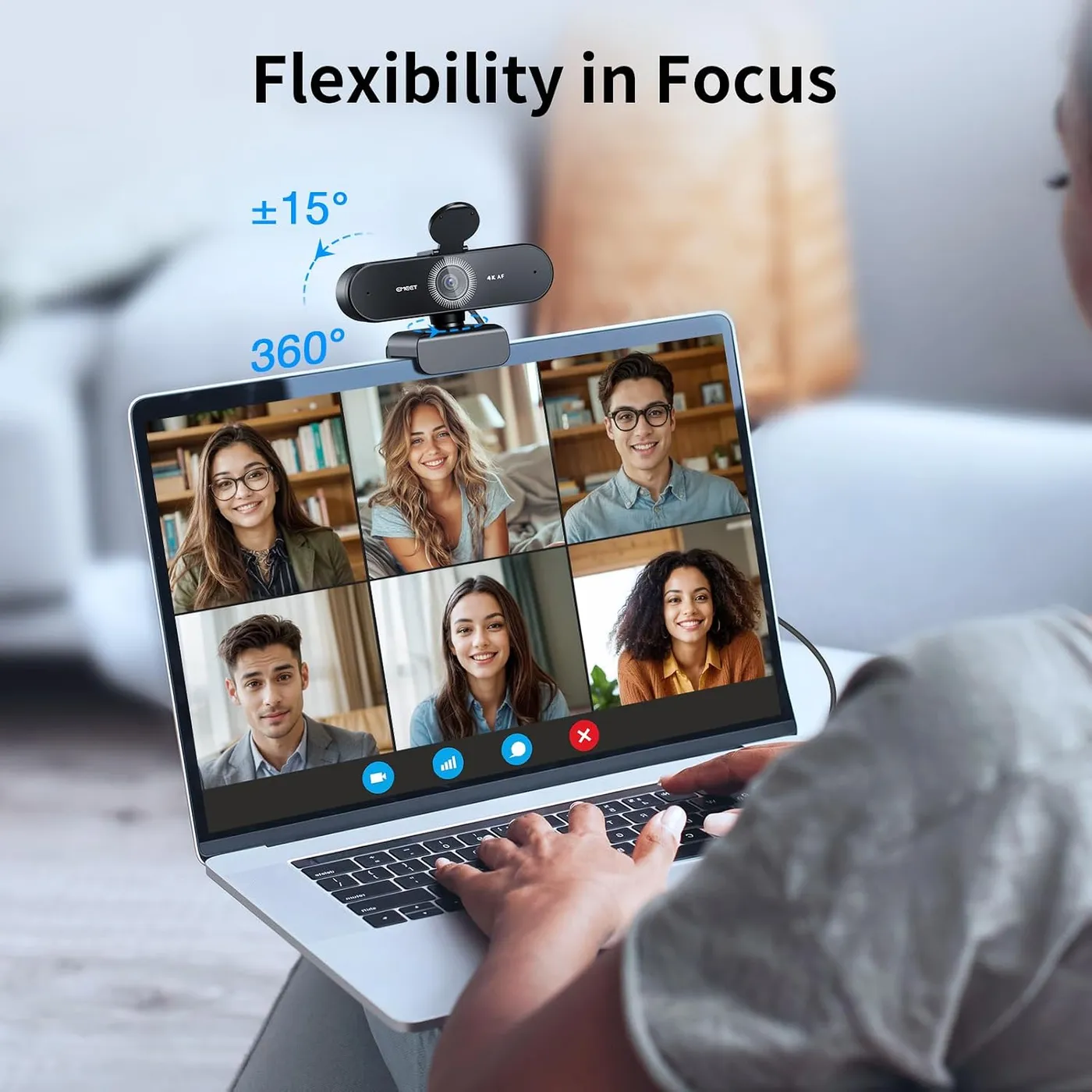 EMEET NOVA 4K Webcam on a laptop during a six-person video call, with plus-minus 15 and 360 degree adjustment arrows