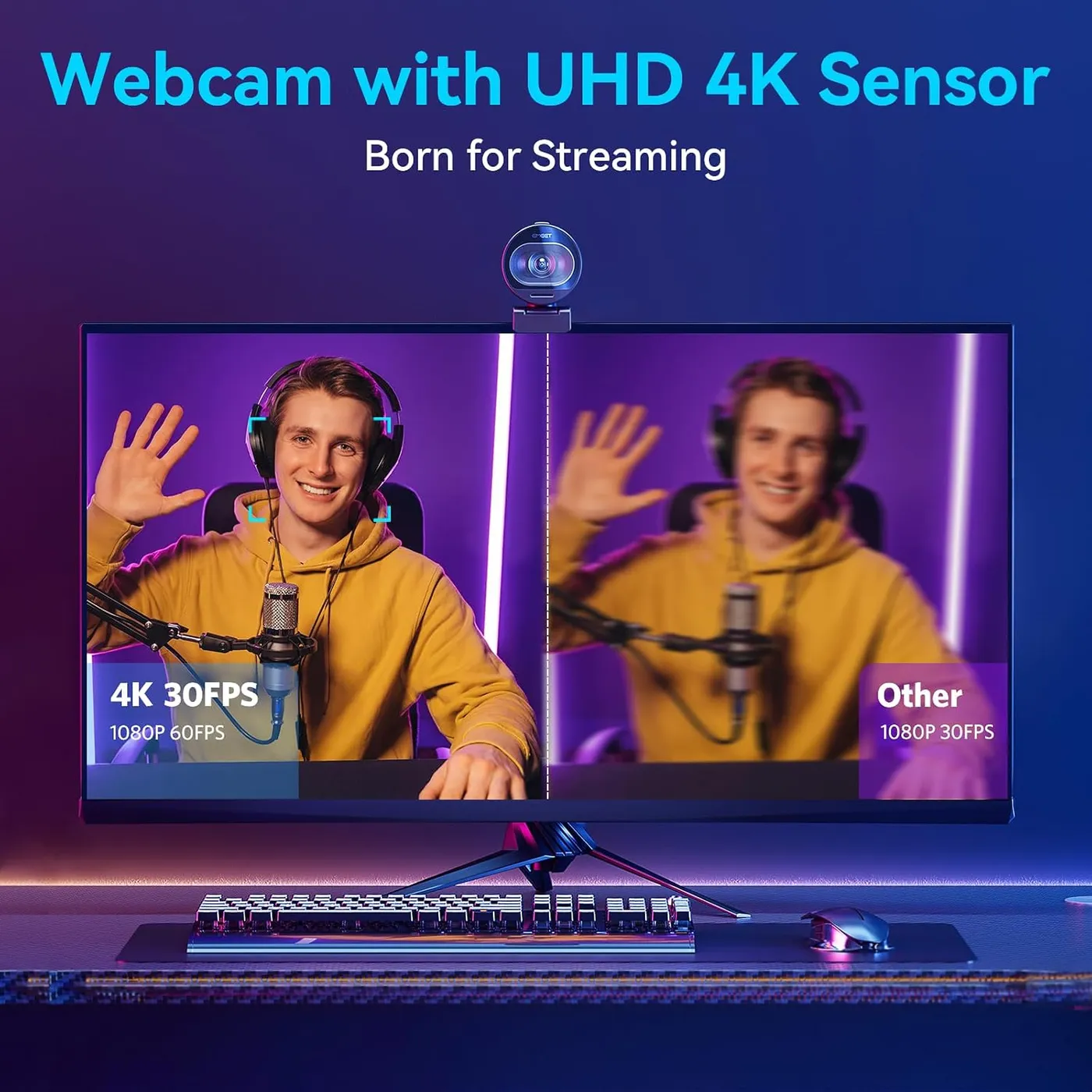 Infographic of the 4K 30FPS claim: sharp streamer image beside a blurred 1080P 30FPS comparison, S600 on a monitor