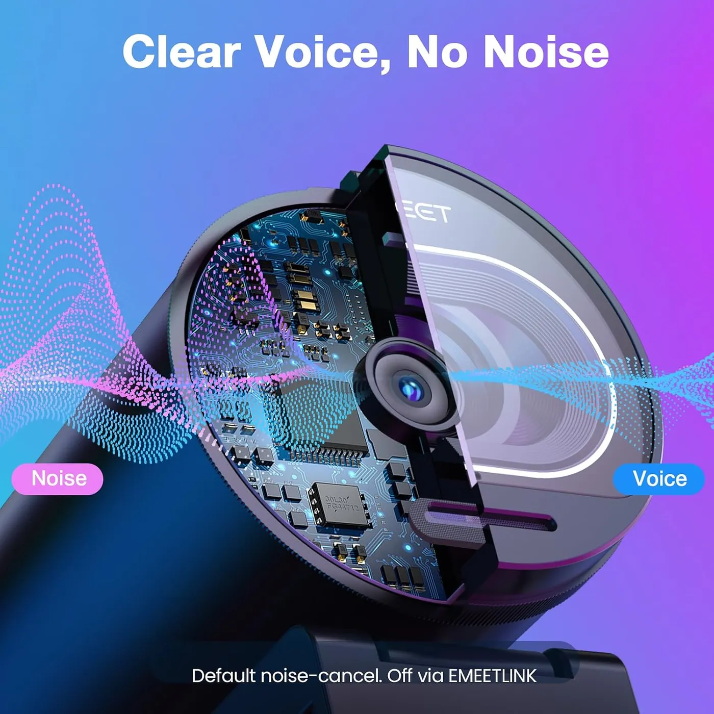EMEET SmartCam S600 cutaway graphic showing the internal circuit board and lens, with noise and voice sound waves