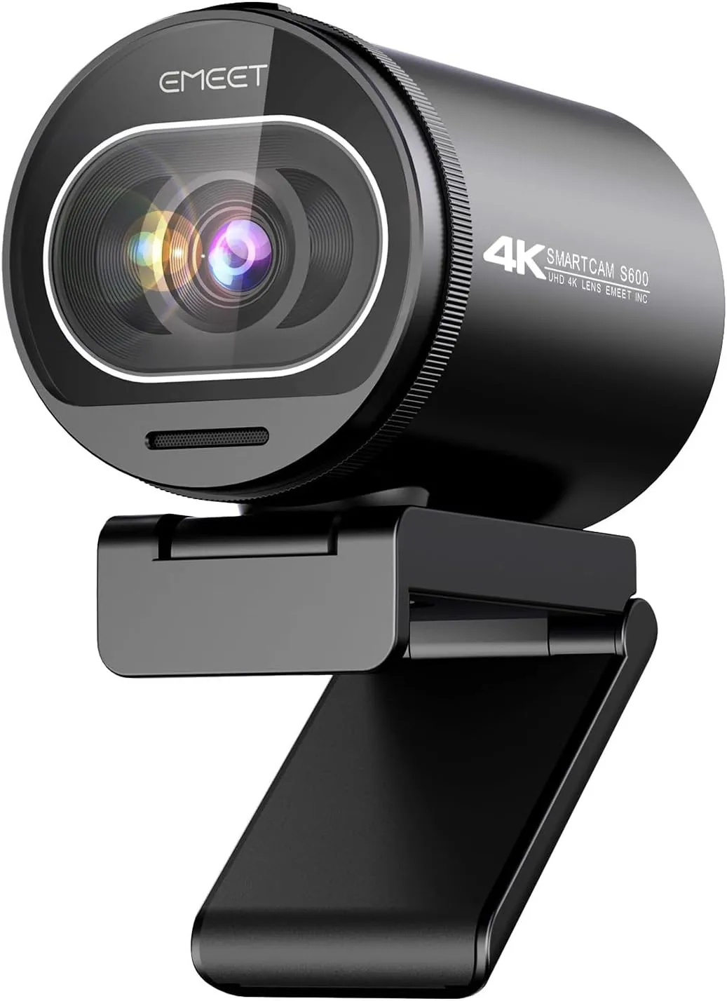 EMEET S600 4K webcam (SmartCam S600) in black, three-quarter front view on its folding clip stand