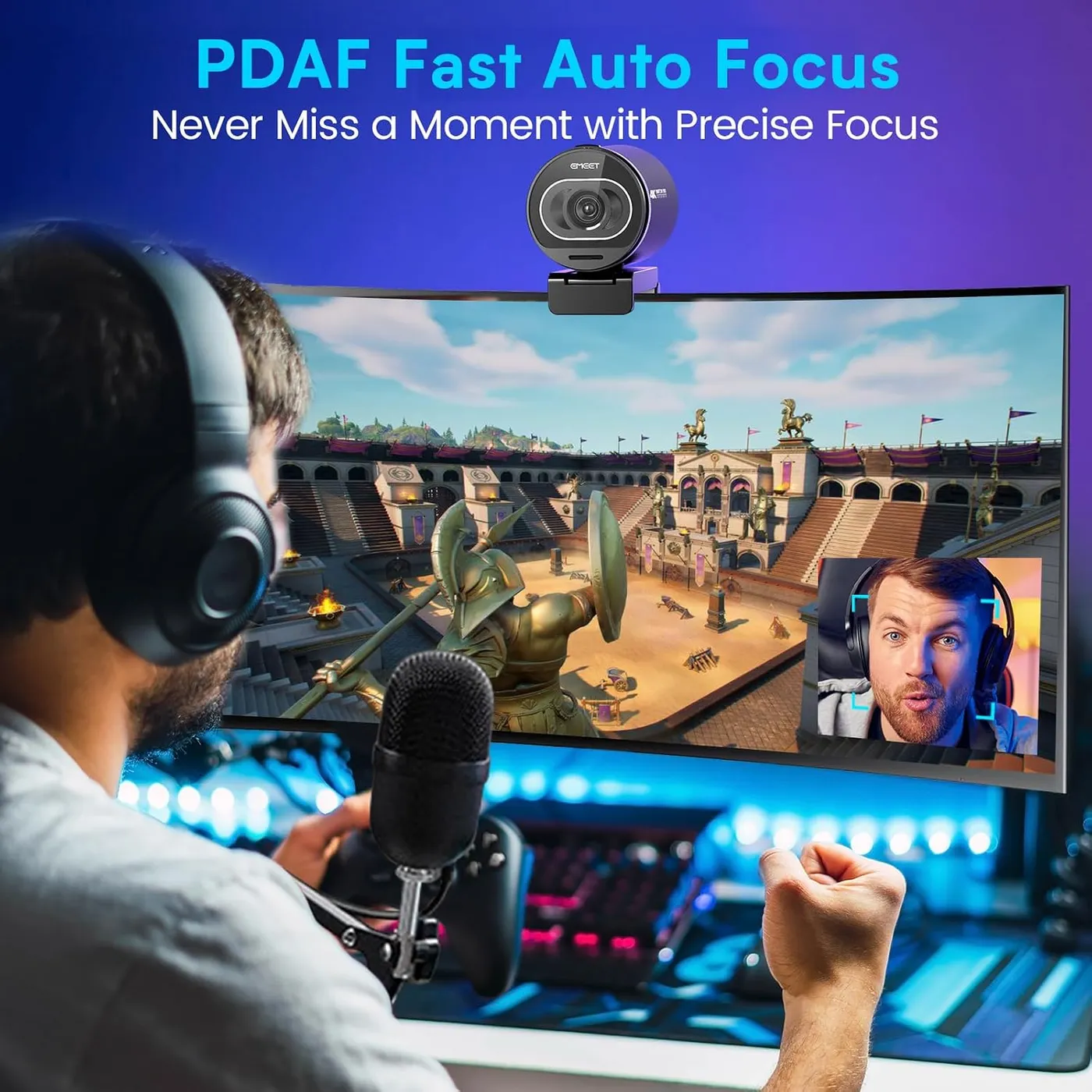 EMEET SmartCam S600 4K webcam clipped atop a curved monitor beside a headset-wearing streamer, PDAF autofocus callout