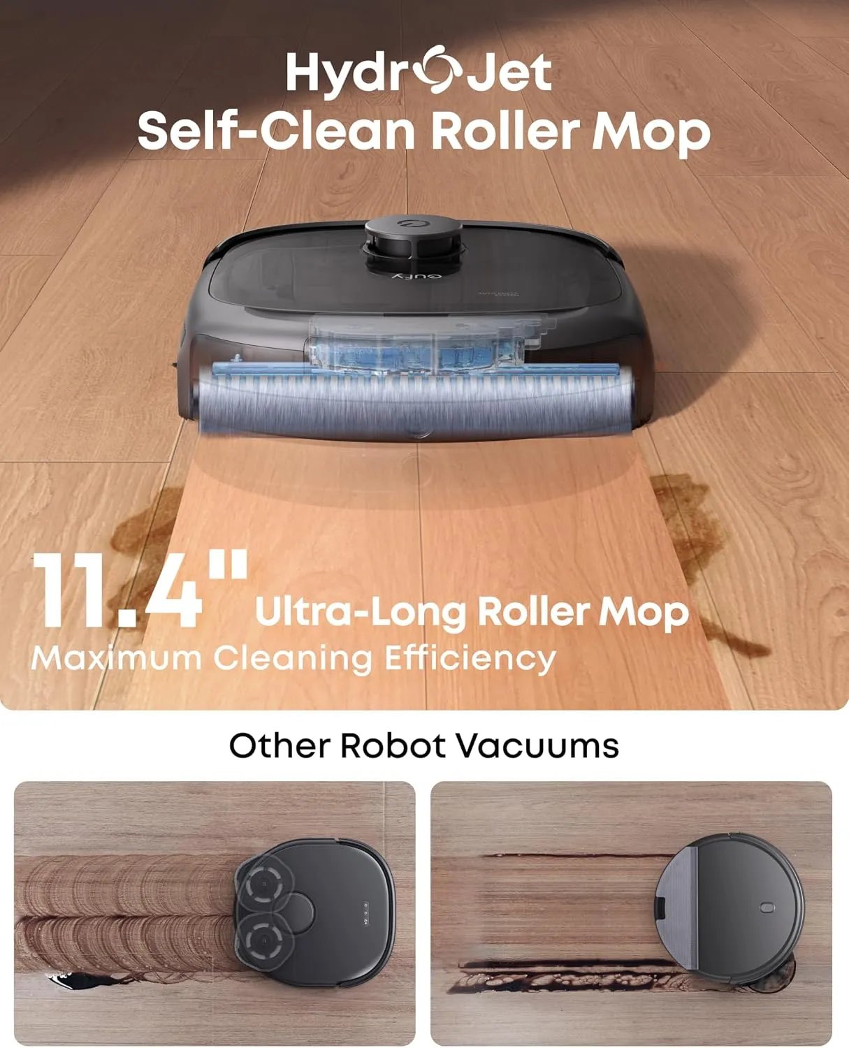 eufy E25 on a wood floor with see-through roller mop, infographic of the 11.4 inch roller claim against two disc-mop designs