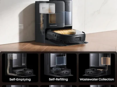 eufy E25 docked in its station with six callouts: emptying, refilling, wastewater, washing, hot air drying and detergent