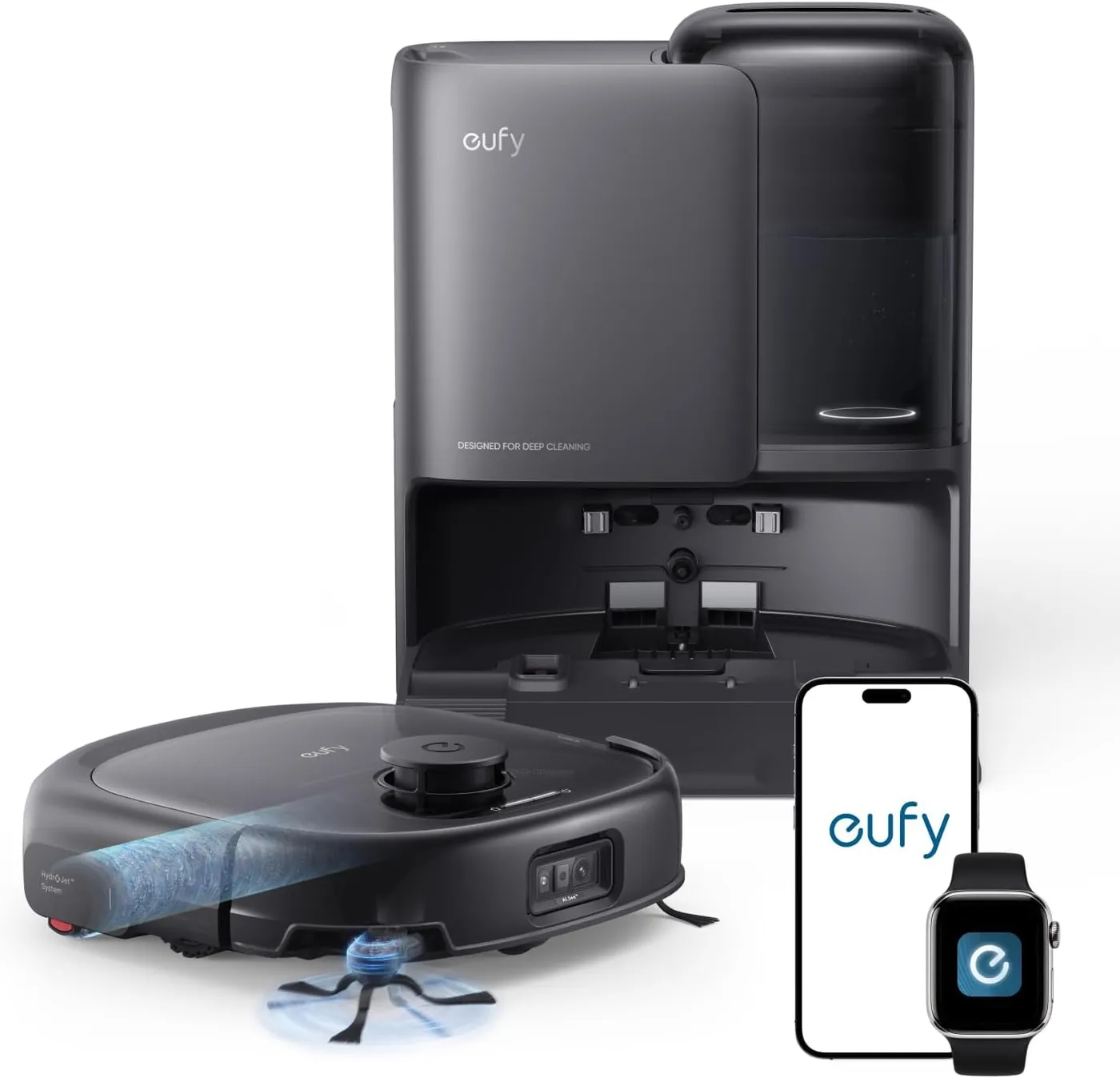 eufy E25 black robot vacuum with roller mop beside its tall all-in-one station, a phone and a smartwatch showing the app