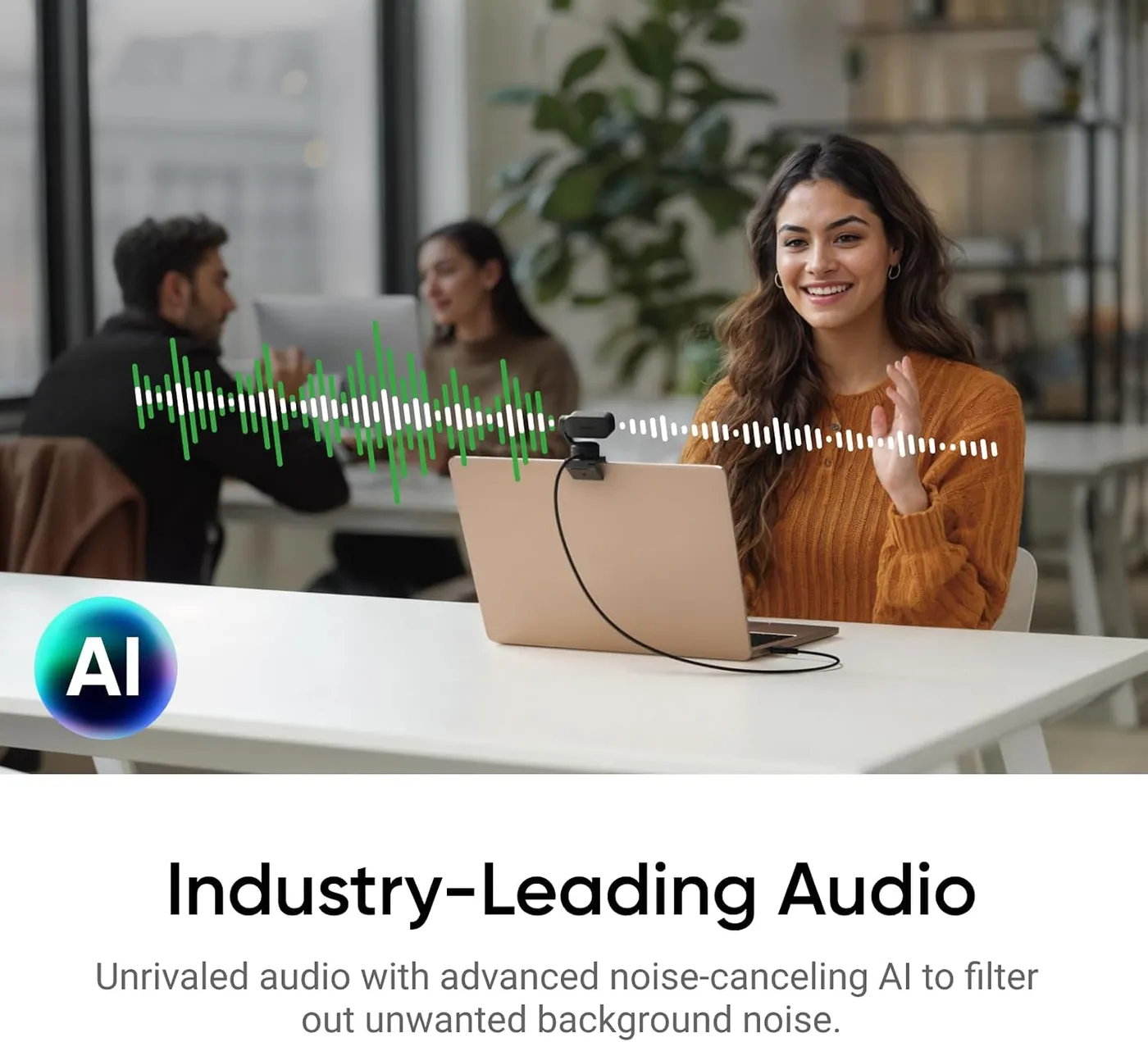 Insta360 Link 2 clipped to a laptop in an office, infographic of the AI noise-canceling audio claim with sound waves