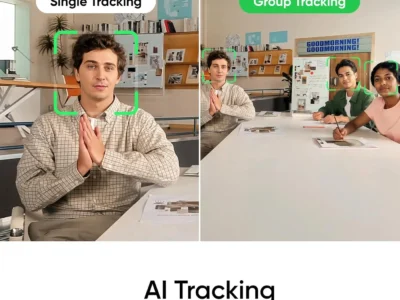 Insta360 Link 2 infographic of AI tracking, green face-tracking frames on one person and on a group at a table