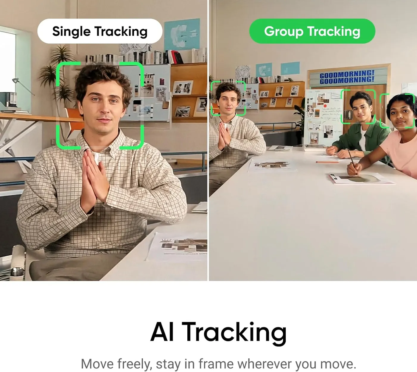 Insta360 Link 2 infographic of AI tracking, green face-tracking frames on one person and on a group at a table