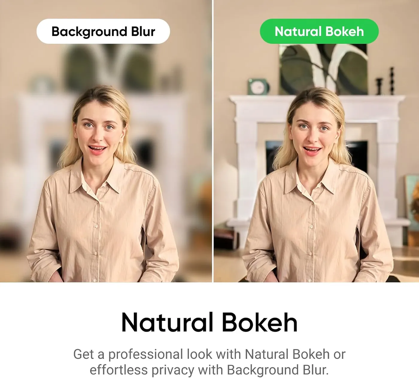 Insta360 Link 2 infographic of natural bokeh, a blurred background beside a sharp living-room background