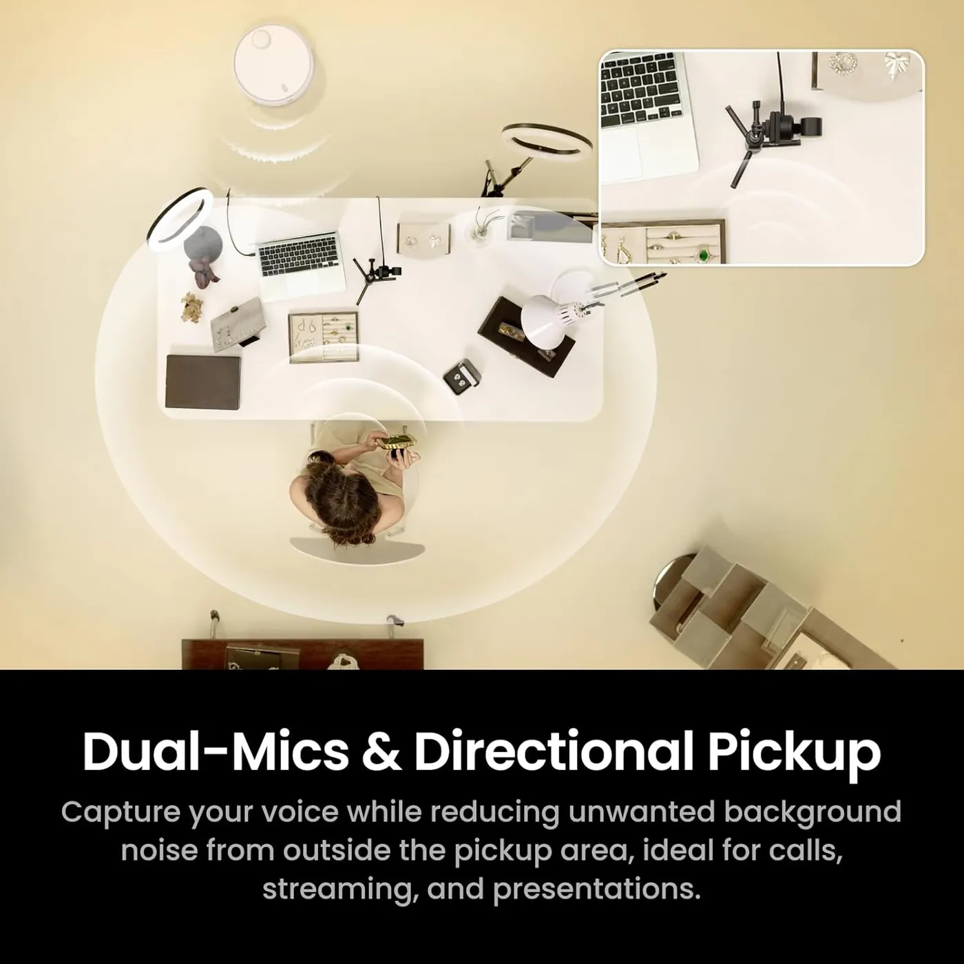 Insta360 Link 2 Pro infographic of the dual-mic directional pickup claim, top-down view of a person at a desk