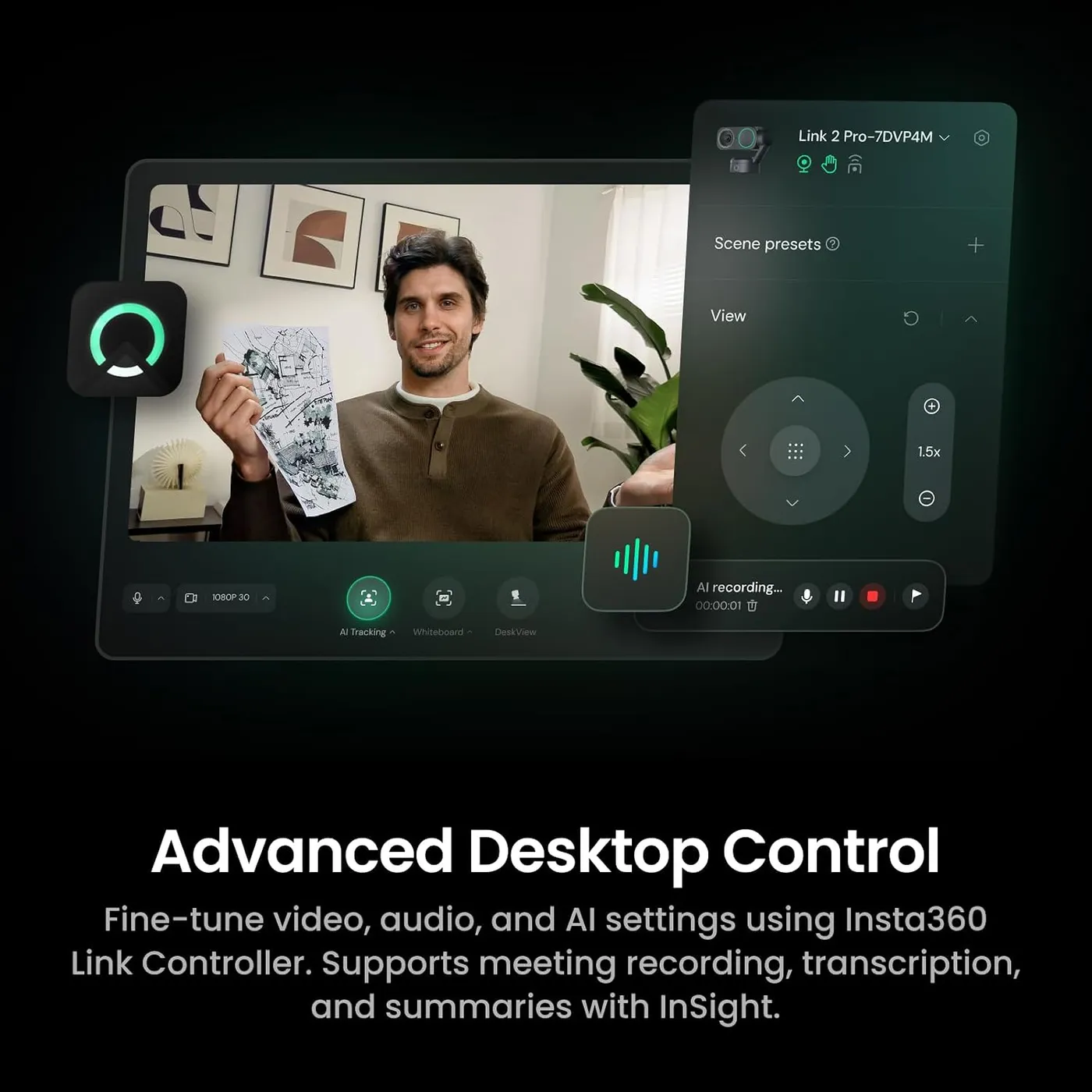 Insta360 Link 2 Pro infographic of the Link Controller desktop app, with AI Tracking and pan-zoom controls
