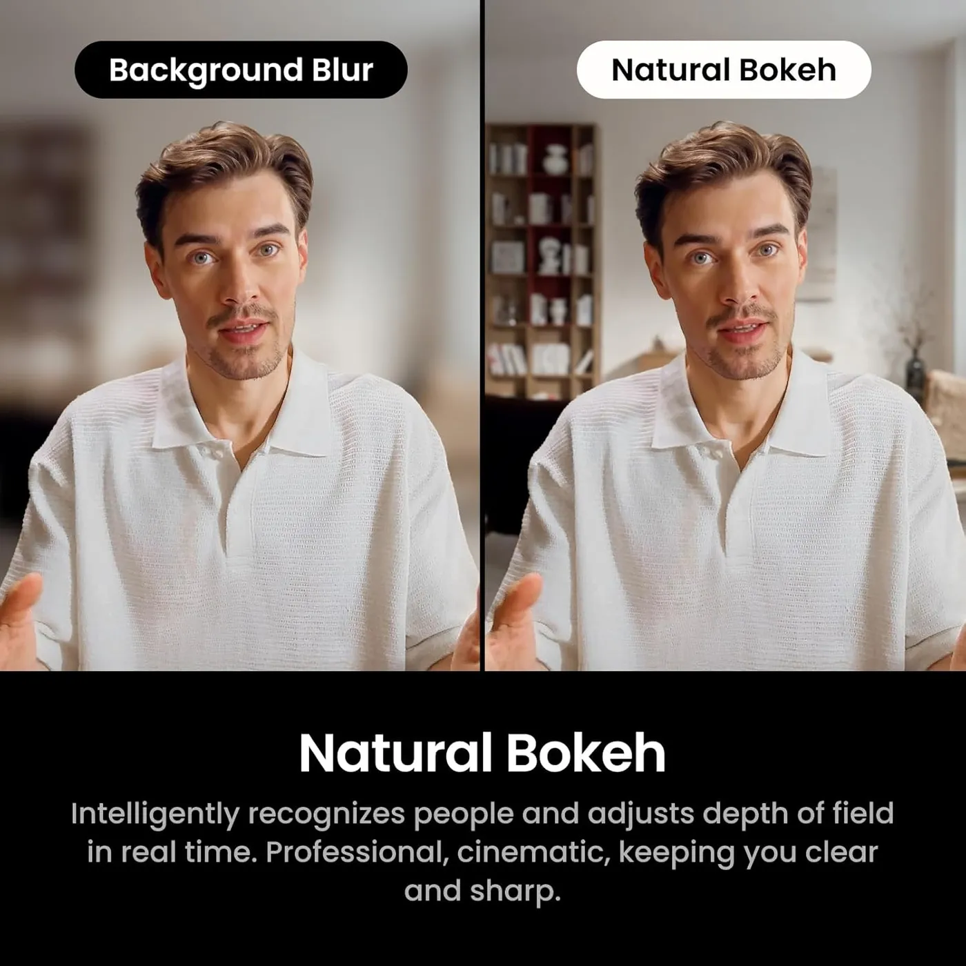 Insta360 Link 2 Pro infographic of natural bokeh, background blur and natural depth of field side by side