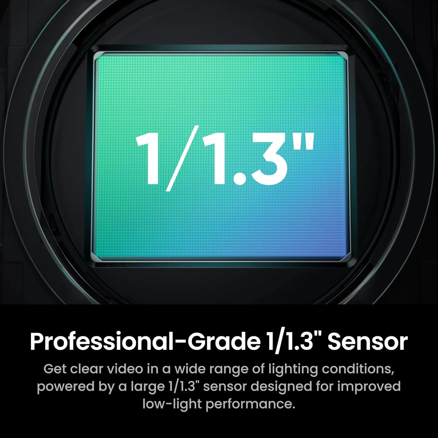 Insta360 Link 2 Pro infographic of the 1/1.3-inch sensor claim, a green image sensor seen inside the lens