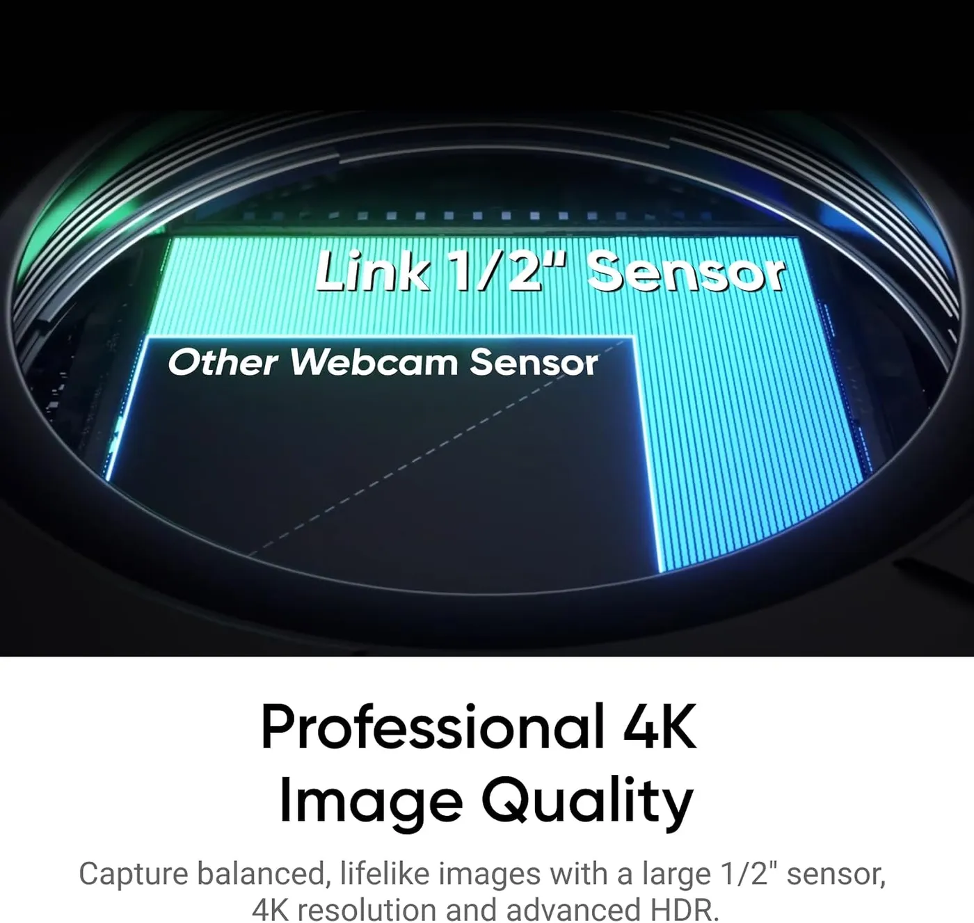 Insta360 Link 2 infographic of the 1/2-inch sensor claim, a larger sensor outlined against another webcam sensor