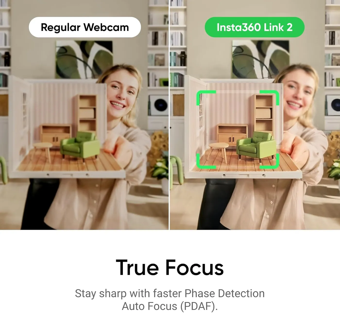 Insta360 Link 2 infographic of the PDAF True Focus claim, a regular webcam beside a sharper miniature room scene
