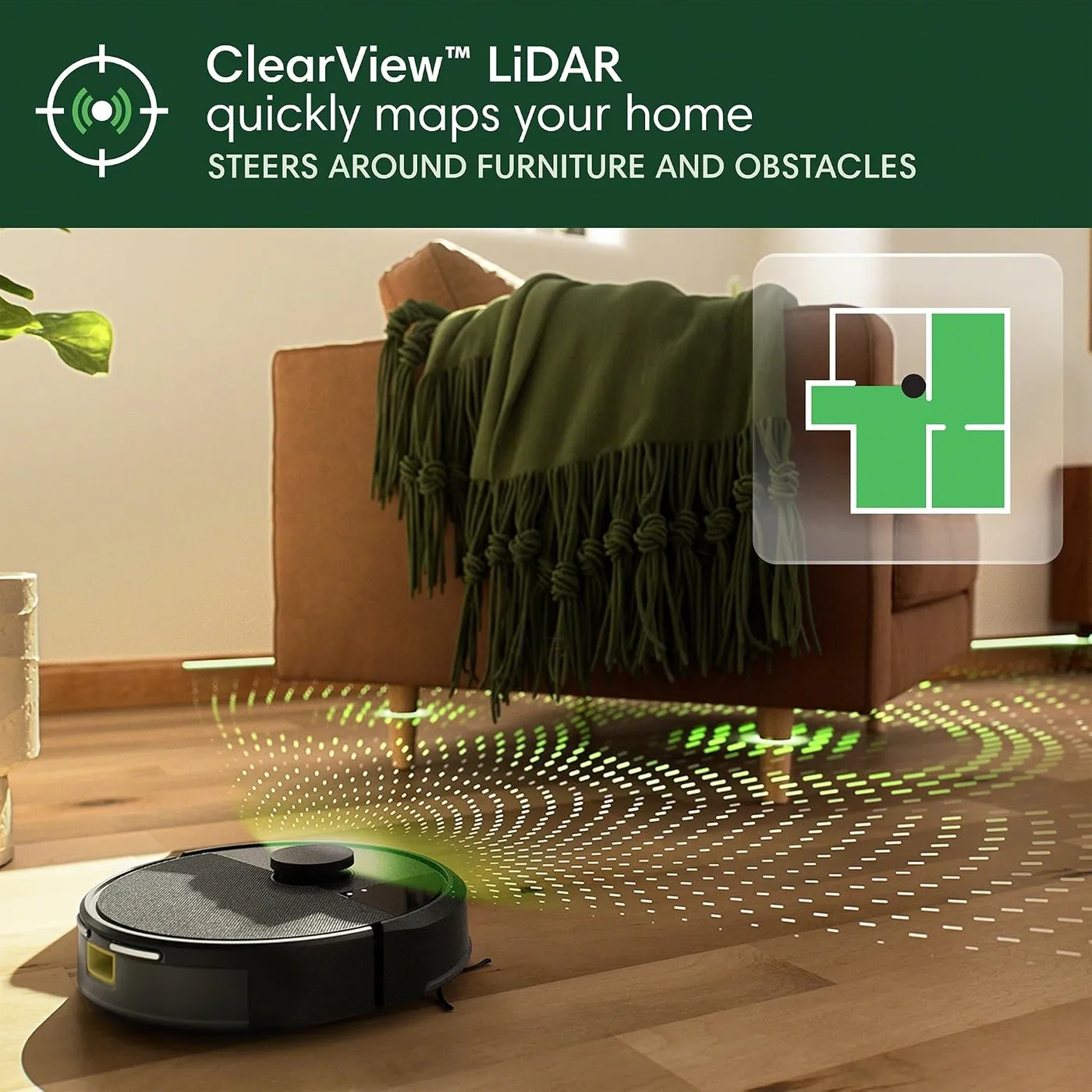 iRobot Roomba 105 Vac on a wood floor before an armchair, LiDAR dots and floor-plan inset, ClearView mapping claim