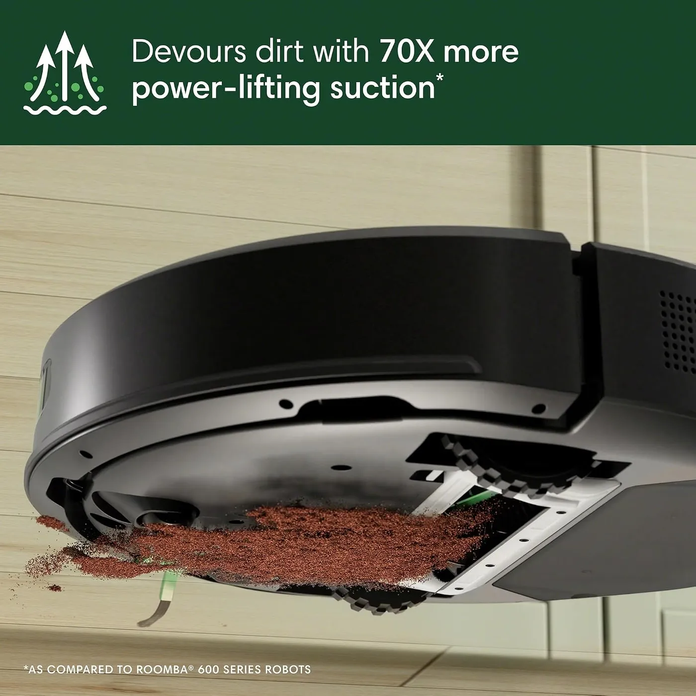 iRobot Roomba 105 Vac tilted underside with coffee grounds being lifted, infographic of the 70X suction claim